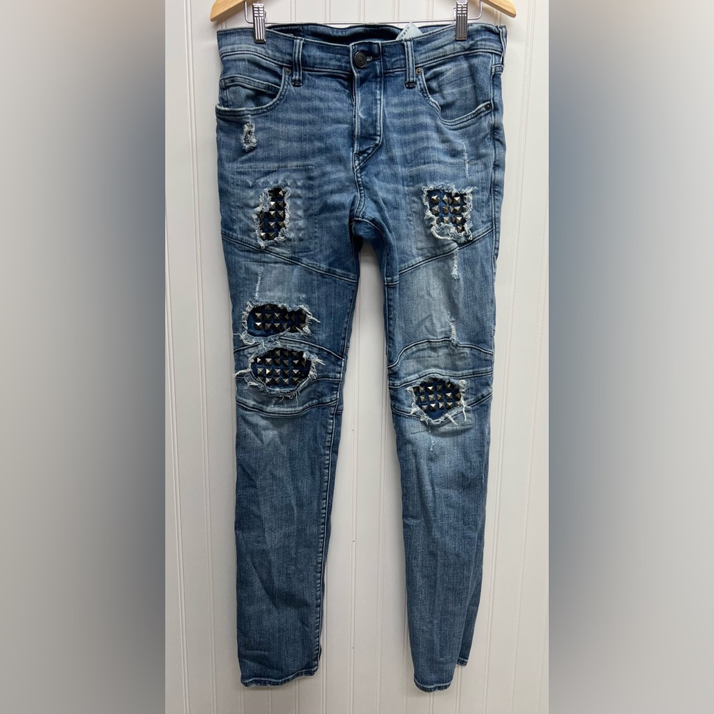 True Religion‎ Jeans Men 31 Blue Rocco Biker Relaxed Skinny Distressed Studded